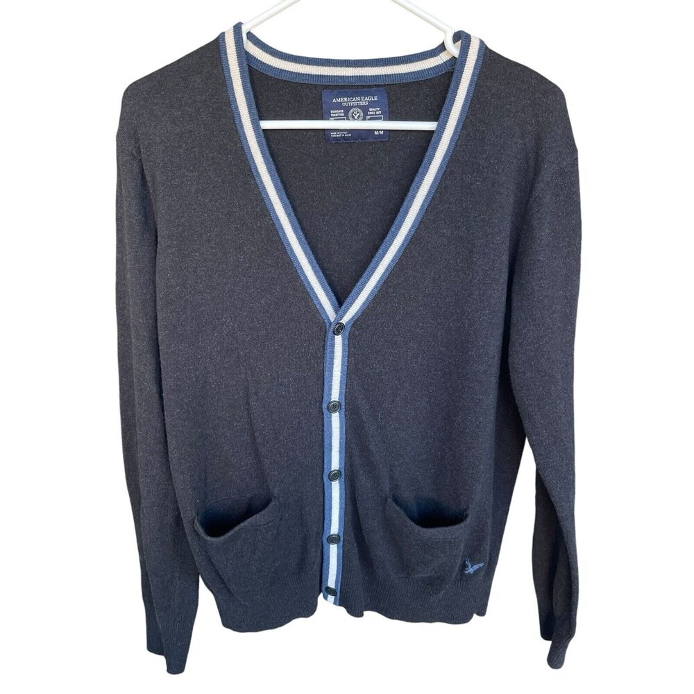 American Eagle Cardigan Sweater Mens‎ Medium Athletic Fit Button Up Grandpa Gray